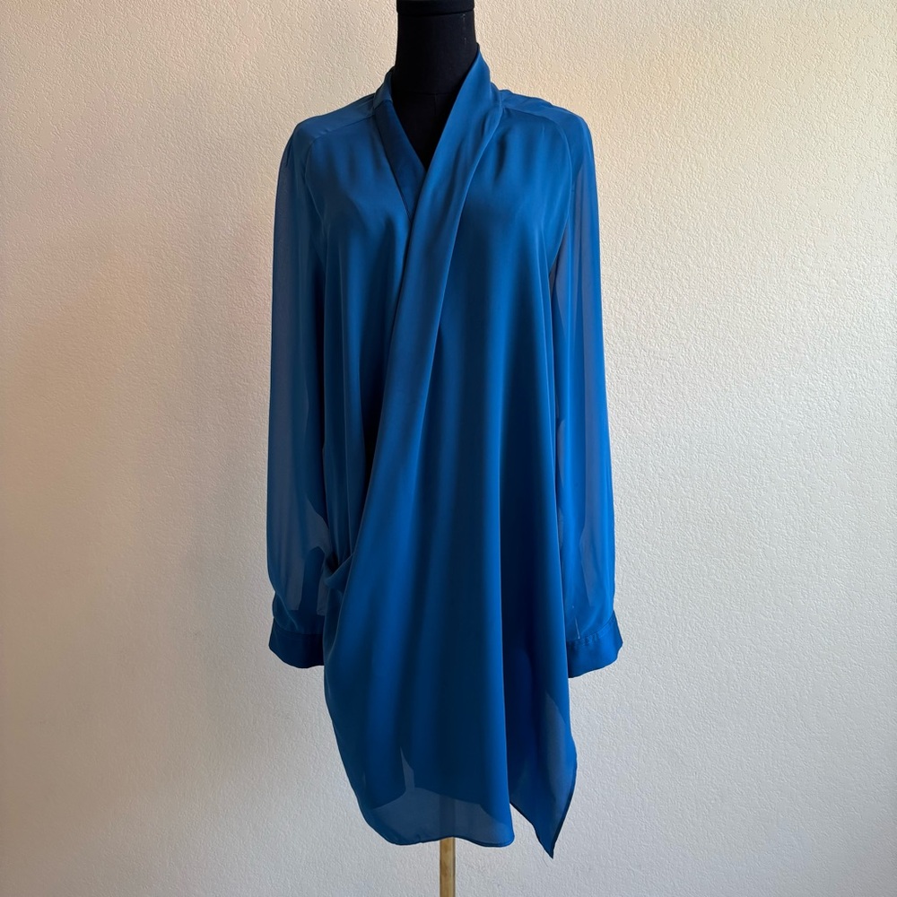 Robert Rodriguez, sx XL, Blue chiffon Brooke Blouse, long sleeve wrap tunic top‎
